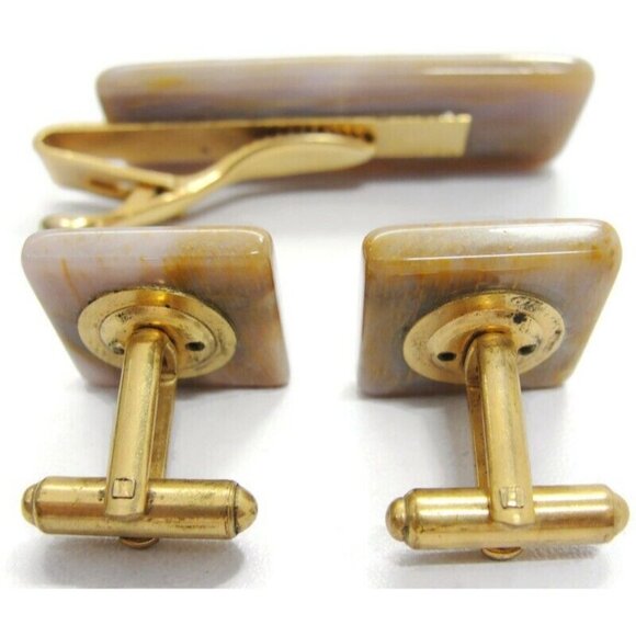 Brown Marble Cufflink & Neck Tie Clip Set Gold Tone Shirt Wedding Tux Vtg - Picture 4 of 8